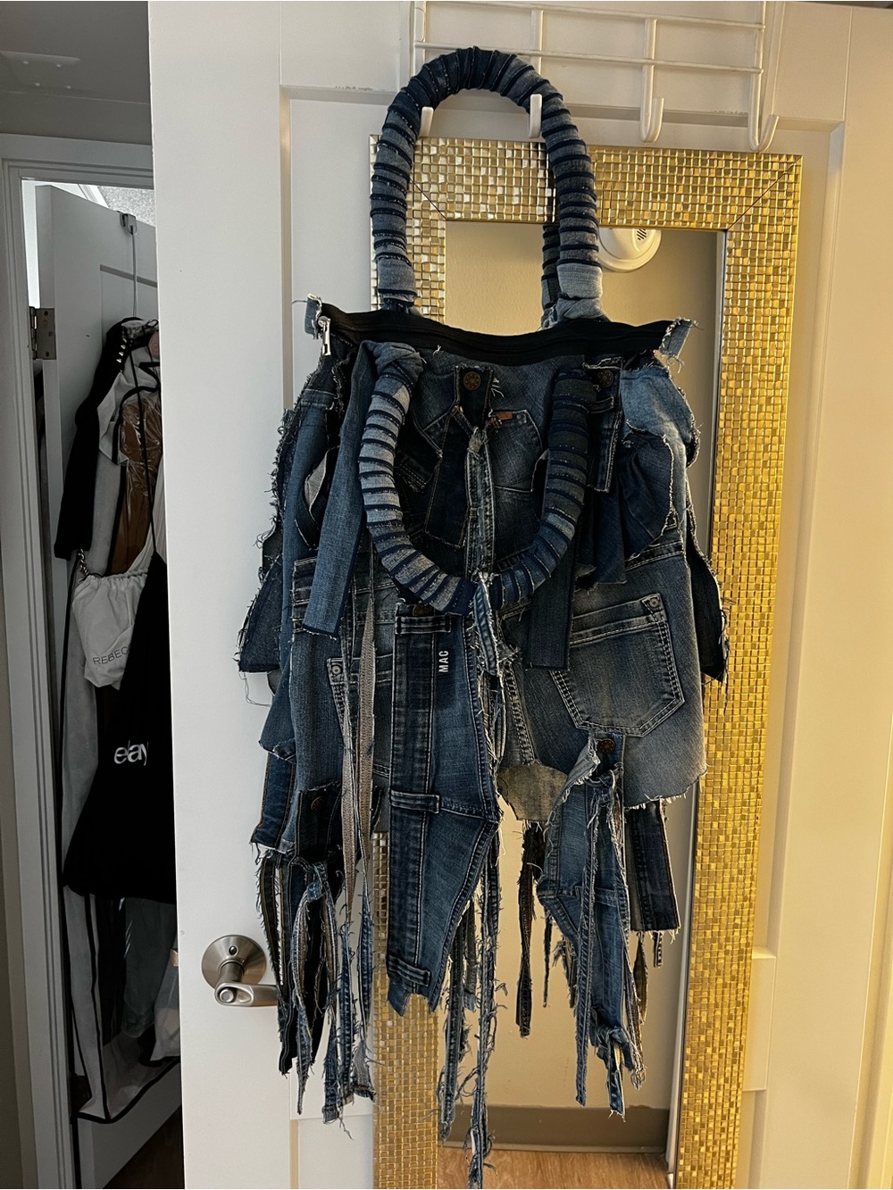 Blue Denim Fringe Shoulder Bag - Distressed Jeans Patchwork… LARGE - Picture 5 of 8